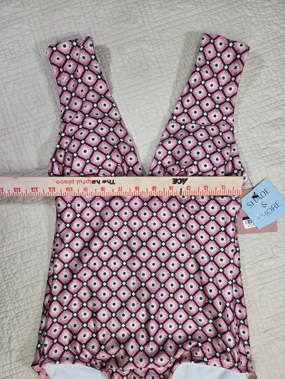 NWT Shade & Shore Pink Geometric Plunge Neck Tummy Control One Piece Swimsuit... - Picture 4 of 9